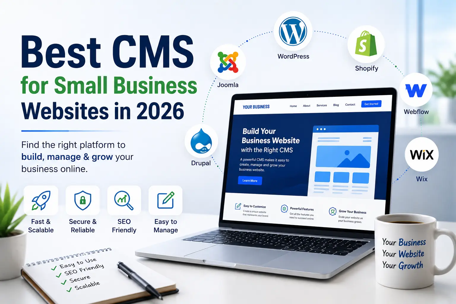 Best CMS for small business websites in 2026 featuring WordPress, Shopify, Webflow, Wix, Joomla, and Drupal for SEO, performance, and business growth.